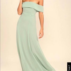 Lulus Sage Green Off the Shoulder Maxi Dress.